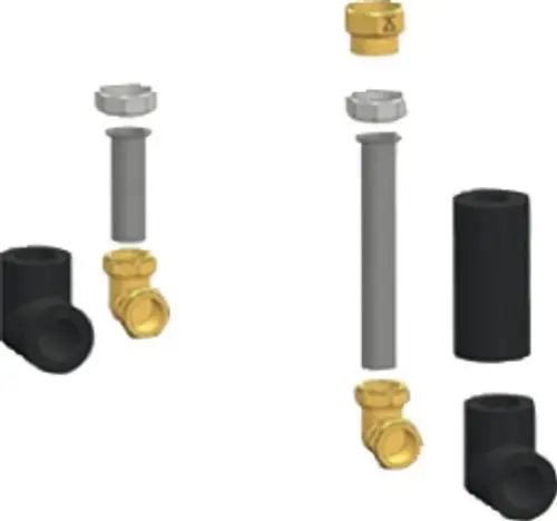 Verbindungselemente für die Installation eines neuen Bosch-Kessels in einer alten Kaskadenunit, bestehend aus Rohren und Fittings in verschiedenen Größen.